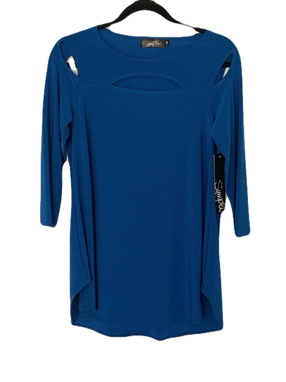 NEW Sympli Size 10 Lagoon Blue Envy Relaxed Fit 3/4 Sleeve Cut Out stretch Top